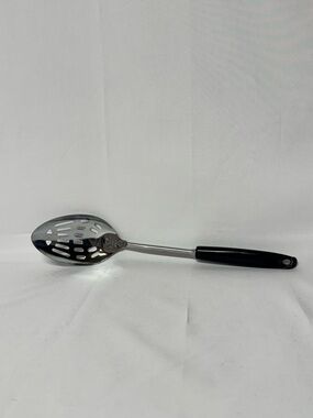 Vintage Ecko USA Slotted Metal Serving Spoon Utensil Black Plastic Handle 12”